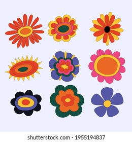 collection of hippie flowers. vintage vector wildflowers.Funky and groove isolated plant elements.Plants of the 60s and 70s.Naive childish style by hand.Open-air flower festival.For plotter silhouette