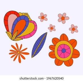 collection of hippie flowers.vintage vector wildflowers.Funky and groove isolated plant elements.Plants of the 60s and 70s.Naive childish style by hand.Open-air flower festival.ethnic Russian ornament