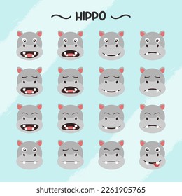 Collection of hippo facial expressions in flat design style