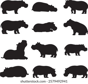 Collection of Hippopotamus Silhouette Vector Illustration