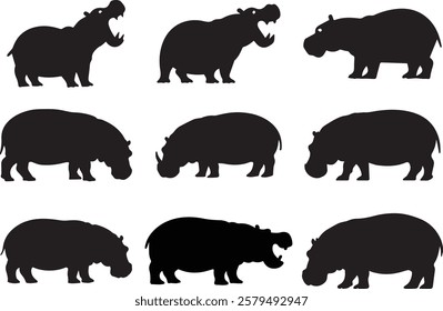 Collection of Hippopotamus Silhouette Vector Illustration