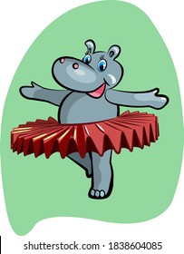 collection of hippos in different life situations. Hippo dancing with a tutu. illustration for a children's book about dancing, dancing Hippo