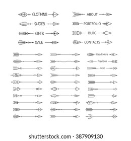 Collection of hipster arrows. Set of decorative elements for all kind design. Native,  Indian arrows. Linear style elements for invitations, greeting cards, quotes, blogs, posters.  Boho style.