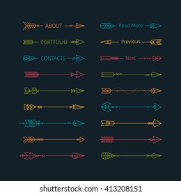Collection of hipster arrows. Set of decorative elements for all kind design. Native,  Indian arrows. Linear style elements for invitations, greeting cards, quotes, blogs, posters.  Boho style. 