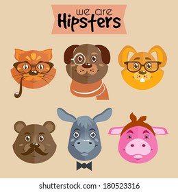 Collection of hipster cartoon character animals cat dog rabbit bear pig and donkey with accessories isolated vector illustration