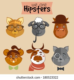 Collection of hipster cartoon character animals fox sheep horse mouse cow and wolf with accessories isolated vector illustration