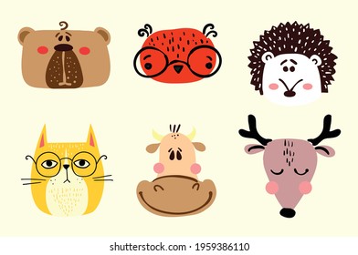 Collection of hipster cartoon character animals bear, owl, cat, cow and deer with accessories isolated vector illustration