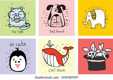 Collection of hipster cartoon character animals cat, dog, elephant, rabbit, whale and penguin  with accessories isolated vector illustration