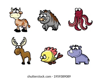 Collection of hipster cartoon character animals cow, fish, rhino and octopus with accessories isolated vector illustration