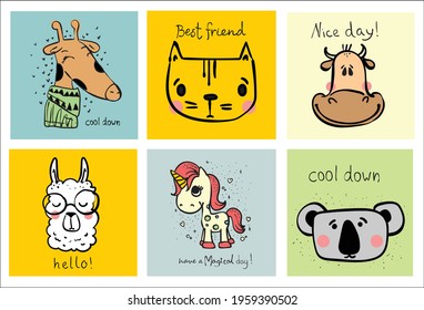 Colección de personajes de caricatura hipster girafa, gato, unicornio, coala y vaca con accesorios ilustraciones vectoriales aisladas