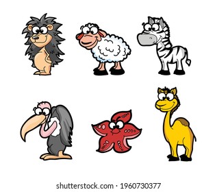 Collection of hipster cartoon character animals hedgehog, sheep, zebra, griffin, camel and starfish isolated vector illustration