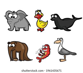 Collection of hipster cartoon character animals elephant, anteater, duck, seagull, shrimp isolated vector illustration