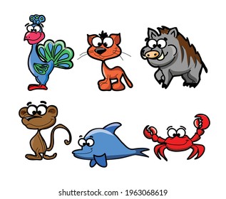 Collection of hipster cartoon character animals peacock, cat, monkey, dolphin, crab, boar isolated vector illustration