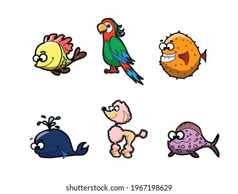 Collection of hipster cartoon character animals fish, whale, dog isolated vector illustration