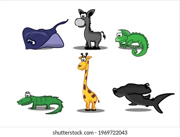 Collection of hipster cartoon character animals crocodile, giraffe, stingray, iguana, donkey isolated vector illustration