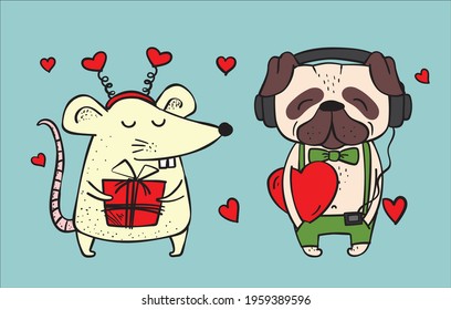 Collection of hipster cartoon character mouse and puppy in love with accessories isolated vector illustration