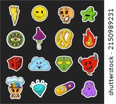 Collection hipster groovy creative isometric stickers vector illustration. Set doodle funky pop art lightning, smiley, star, psychedelic mushroom, all seeing eye, peace sign, fire flame, game cube