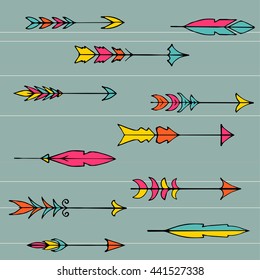 Collection of hipster hands. Big set of hand drawn, hipster arrows. A set of Indian arrows style. Arrow key to the whole structure. Indian elements. Vector hand illustrations in the style boho