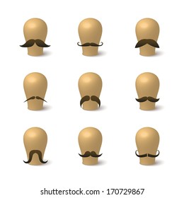Collection of hipster mustaches on hat-blocks isolated vector illustration