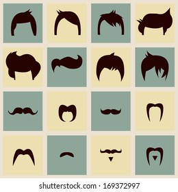 Collection Of Hipster Retro Hair Styles And Mustaches, Vector Illustration