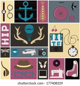 Collection of hipster thematic elements. Retro styled objects, can be used as a pattern.