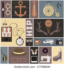 Collection of hipster thematic elements. Retro styled objects, can be used as a pattern.