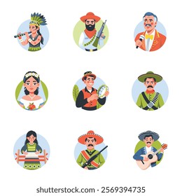 Collection of Hispanic Character Flat Style Illustrations 

