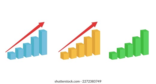 Collection of histogram graph statistics with up arrows in different colors. Vector infographic with steps. Vector illustration