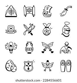 Collection of Historical Equipment Icons in Sketchy Style 

