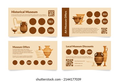 Collection historical local art museum privilege loyalty discount special offer card vector illustration. Set business paper pass membership place sticky circle accumulate sale branding identification
