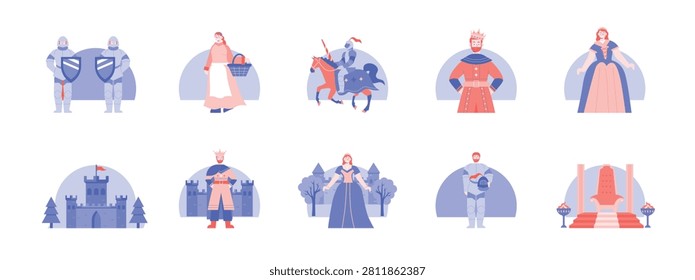 A collection of historical middle ages society with twin castle guards majestic queens and grand stone palaces. Character design. Vector flat illustration