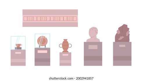 Collection of history or archeology museum exhibits including ancient pottery and sculpture examples, flat vector illustration isolated on white background.