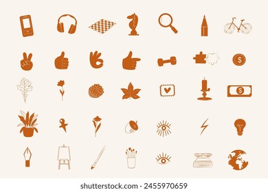 Collection of hobbies and leisure icons. Sport, art, business, finance, nature symbols. Editable vector illustration.