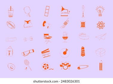 Colección de aficiones e iconos de ocio. Deporte, fitness, cine, costura, música y símbolos científicos. Ilustración vectorial editable.