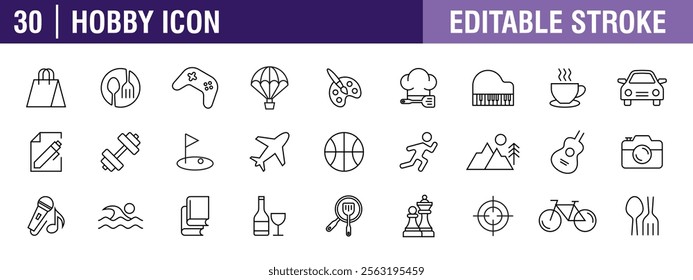 Collection of hobby icons. Lifestyle, healthy living. Vector design template, signs, symbols, editable stroke.