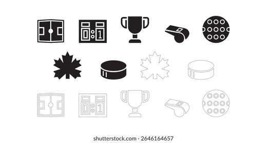 Collection of hockey and sports icons featuring a rink scoreboard trophy whistle puck and maple leaf