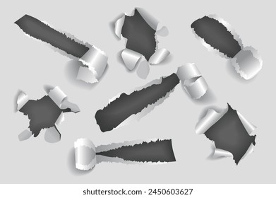 A collection of holes torn in paper mockups in realistic 3d design. Black and white image with different sizes and shapes of tears and holes in paper on a gray background. Vector illustration.