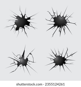 collection of holes in the wall, crack effect, shattered wall, broken glass, vector illustration