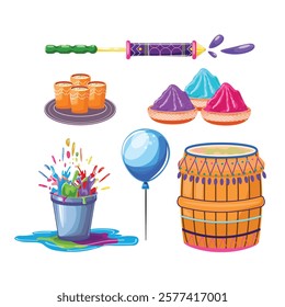 Collection of Holi festival items, including pichkari, powder, drums, buckets of colors, and thandai cups, perfect for festive themes