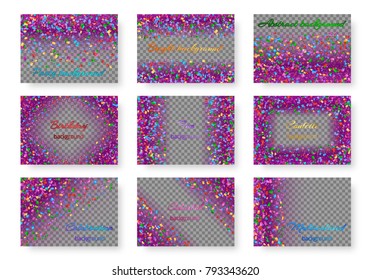 Collection of holiday backgrounds with flying iridescent confetti for Christmas design on a transparent backdrop