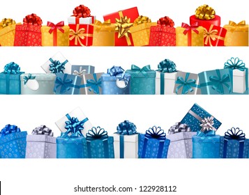 Collection of holiday banners with colorful gift boxes with bows. Vector illustration.