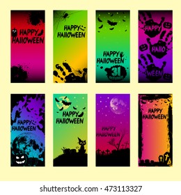 Collection of holiday banners on theme of Halloween. Frames with pumpkins, bats, spiders, moon and crosses at night in style black and color. Moon furnished by NASA. Trick or treat vector illustration