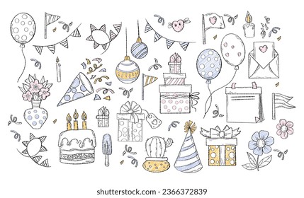 Collection holiday Birthday   Christmas  valentine doodles  Hand drawn party decoration  gift box  bouquet  balloons  cake and candles   garland  Vector illustration isolated party sketches