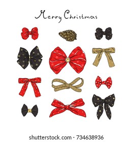 Collection of holiday bow knots, vector Christmas illustration.