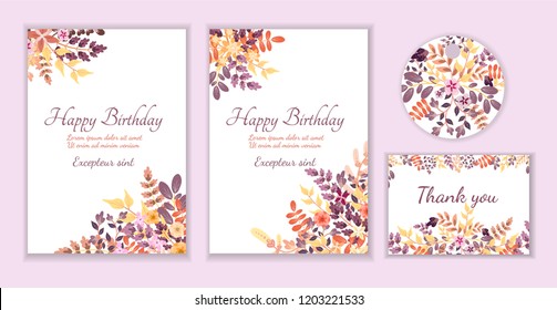 Collection of holiday cards with autumn floral ornament. Vector set. Flyer, banner, business card.