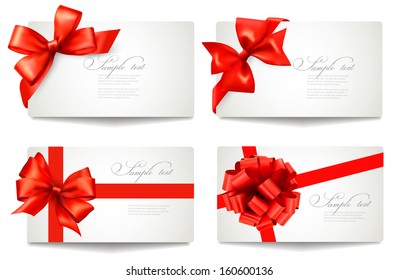 Collection of holiday cards with red gift bows with ribbons Vector 