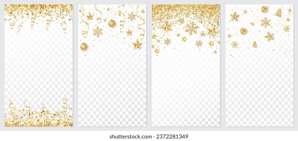 Collection of holiday decoration backgrounds. Golden glitter frames, borders isolated on white. Confetti with ribbons, Christmas ornaments with snowlakes. Great for social media posts, stories, events