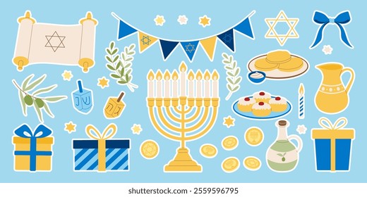 A collection of holiday decorations and food items, including a menorah, a box, and a bottle