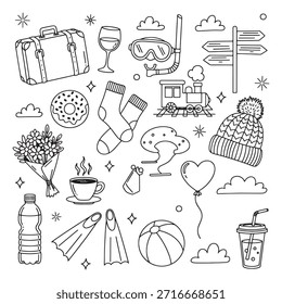 Collection of holiday and everyday items hand drawn. seasonal activities symbols. travel and leisure illustrations.