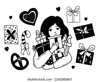 Collection holiday girl and gifts   Christmas boxes  Vector isolated drawings doodle  Cute female character for design holiday themes